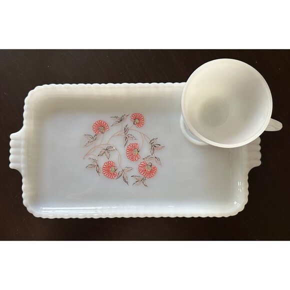 Vintage Anchor Hocking Fire King Milk Glass Fleurette Snack Plate and Cup Floral - Picture 1 of 9
